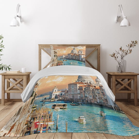 Ambesonne European Quilted Coverlet 2 Pcs, Historical Venice City, Twin Size, Multicolor