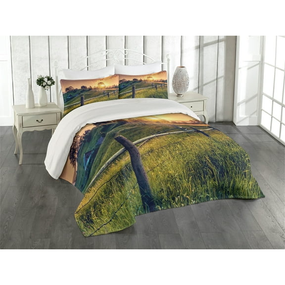 Ambesonne European Quilted Coverlet 3 Pcs, Morning Sunbeams Sky, King Size, Fern Green Yellow