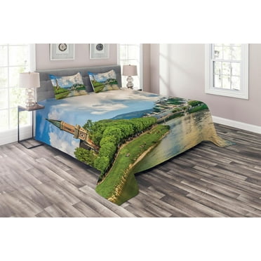Ambesonne European Quilted Coverlet 3 Pcs, Salzburg Land Cloudy, Queen Size, Multicolor