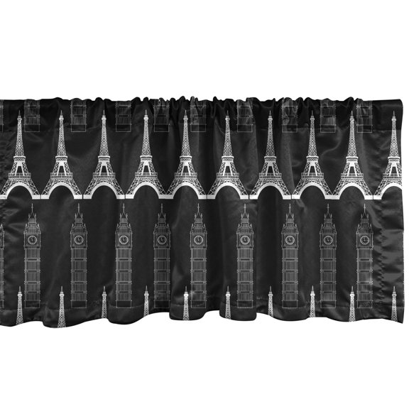 Ambesonne European Window Valance, Big Ben and Eiffel Towel, 42" x 12", Charcoal Grey White