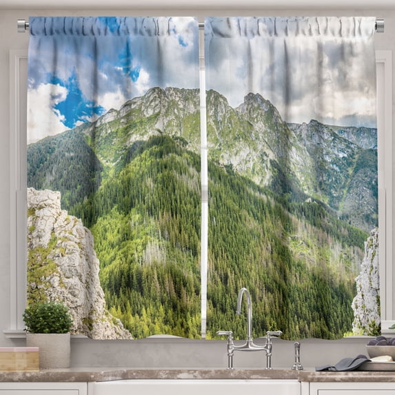Ambesonne Evergreen Kitchen Curtains, Panoramic Rural Layout, 55"x45", Multicolor