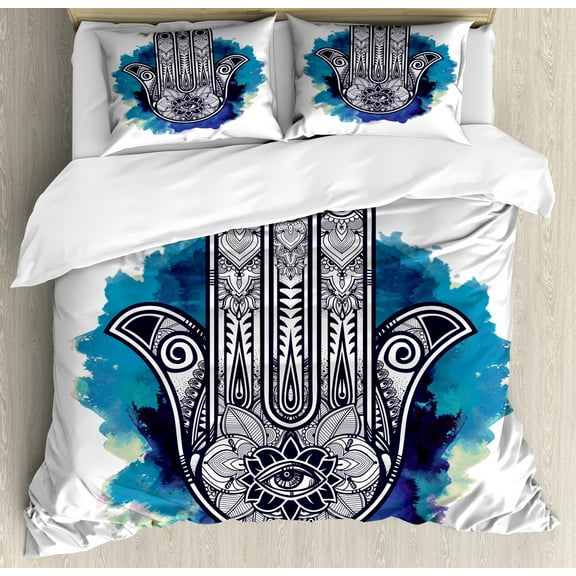 Ambesonne Evil Eye Duvet Cover Set, Hamsa Brushstrokes, Calking, Pale Blue Dark Blue