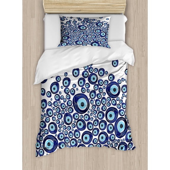 Ambesonne Evil Eye Duvet Cover Set, Traditional Beads Luck, Twin, Dark Blue and Pale Blue