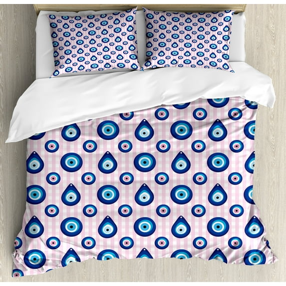 Ambesonne Evil Eye Duvet Cover Sets, Bead Shapes Checkered, 2-King, Pale Pink Blue White