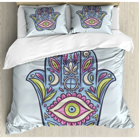 Ambesonne Evil Eye Duvet Cover Sets, Doodle Colorful Hamsa, 2-Queen, Pale Blue Pink Green
