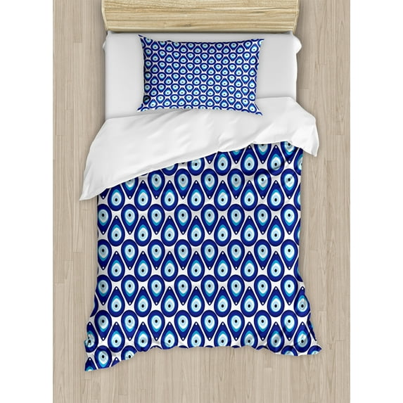 Ambesonne Evil Eye Duvet Cover Sets, Drop Like Bead, 2-Twin, Pale Blue White and Blue