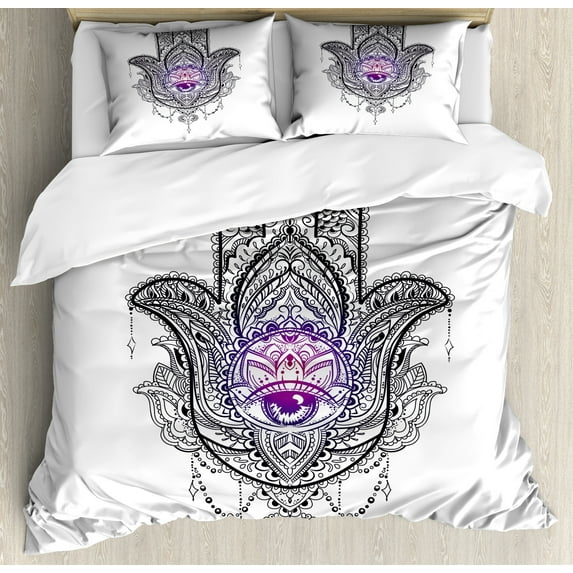 Ambesonne Evil Eye Duvet Cover Sets, Ethnic Drawn Hand of Fatma, 2-Queen, Purple White and Black
