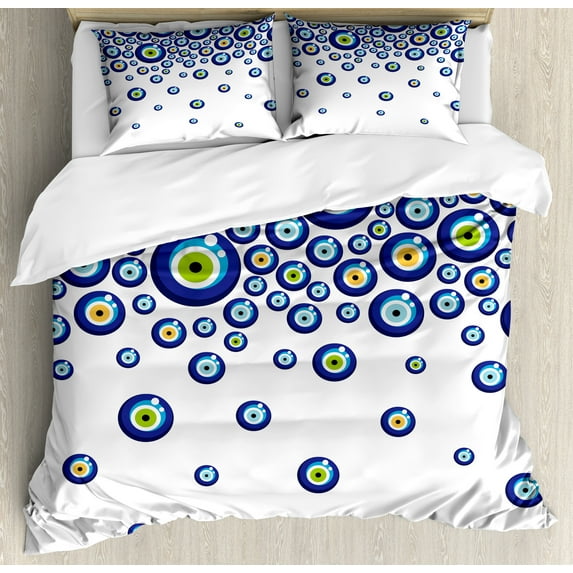 Ambesonne Evil Eye Duvet Cover Sets, Lively Turkish, 2-Queen, Blue Green Marigold