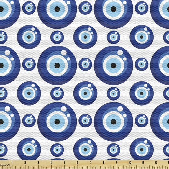 Ambesonne Evil Eye Fabric by the Yard Upholstery, Symmetrical, 3 Yards, Blue Pale Blue White