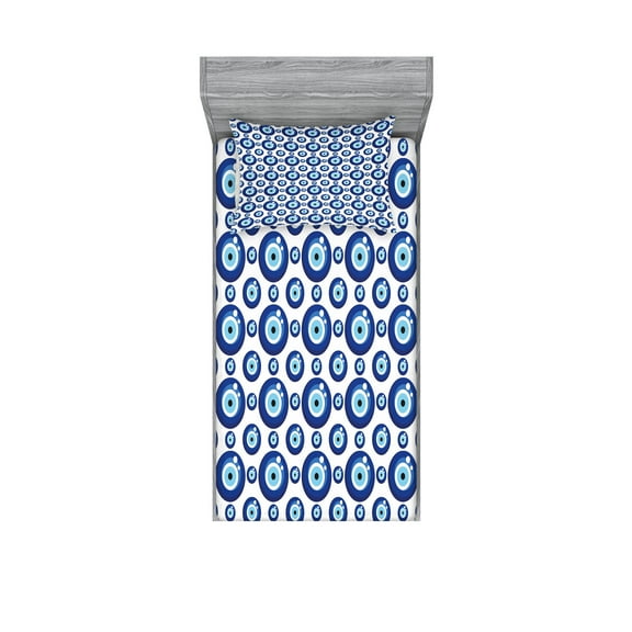 Ambesonne Evil Eye Fitted Sheet & Pillow Sham Set, Symmetrical, Twinxl, Blue Pale Blue White