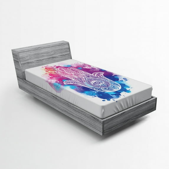 Ambesonne Evil Eye Fitted Sheet, Watercolor Hamsa Art, Twin XL Size, Pink Blue White