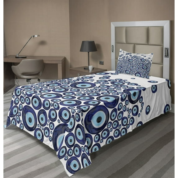 Ambesonne Evil Eye Fitted & Top Sheet Set with Sham, Traditional Beads Luck, Dark Blue and Pale Blue