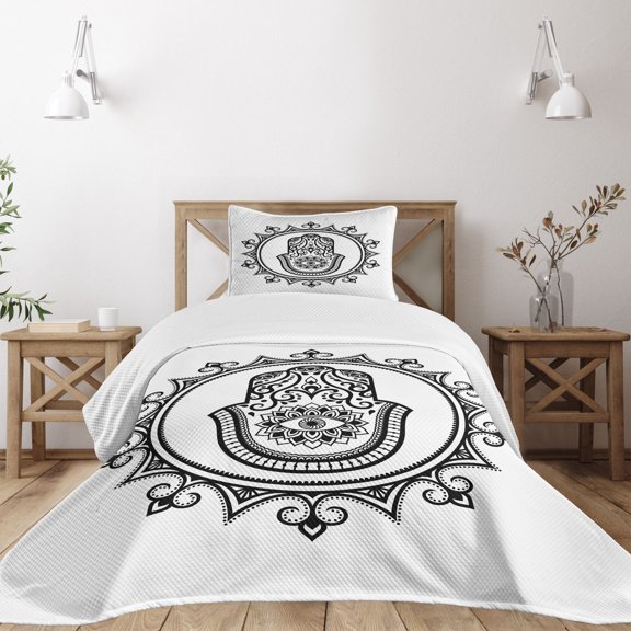 Ambesonne Evil Eye Quilted Bedspread Set 2 Pcs, Hamsa Mandala Shape Art, Twin Size, White Black
