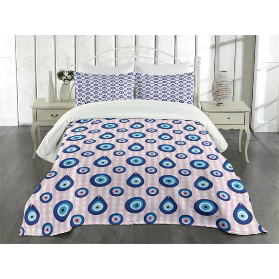 Ambesonne Evil Eye Quilted Bedspread Set 3 Pcs, Bead Shapes Checkered, Queen Size, Pale Pink Blue White