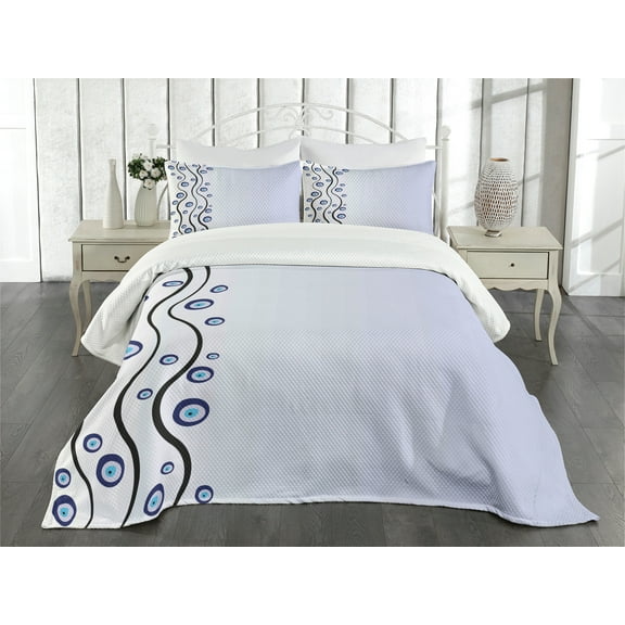 Ambesonne Evil Eye Quilted Bedspread Set 3 Pcs, Eye Shape Shape Lines, King Size, Black Lilac Blue
