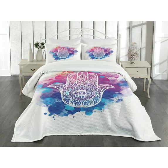 Ambesonne Evil Eye Quilted Bedspread Set 3 Pcs, Watercolor Hamsa Art, Queen Size, Pink Blue White