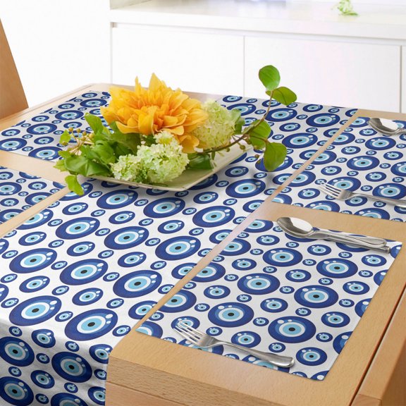 Ambesonne Evil Eye Table Runner & Placemats, Symmetrical, Placemat 4 pcs + Runner 12"x90", Blue Pale Blue White