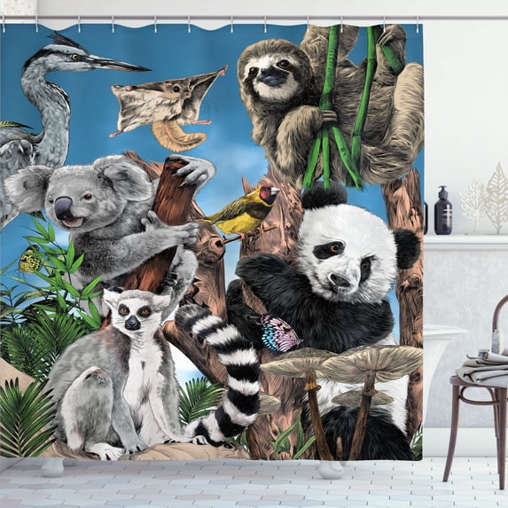 Ambesonne Exotic Animals Shower Curtain, Creatures of Jungles, 69"Wx70"L, Azure Blue Grey and Brown