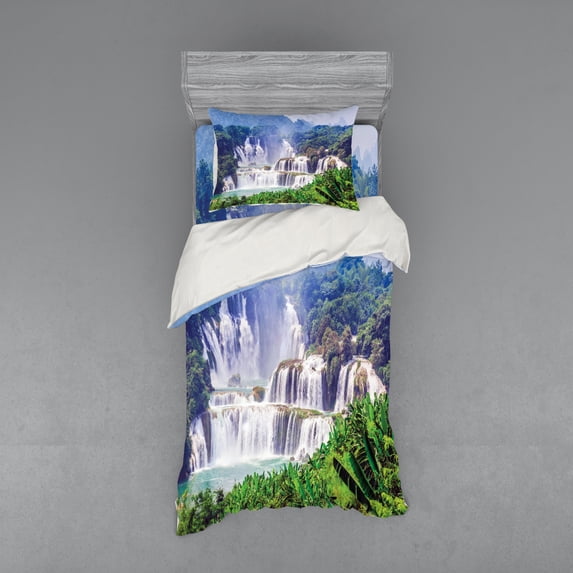 Ambesonne Exotic Bedding Set 3 Pcs, Waterfall Tropical Plant, Twin, Forest Green Pale Blue