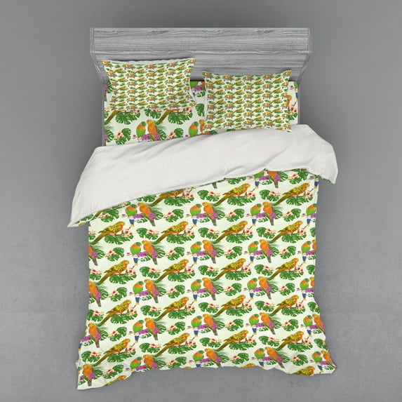 Ambesonne Exotic Bedding Set 4 Pcs, Vivid Floral Parrots, Queen, Ivory and Multicolor