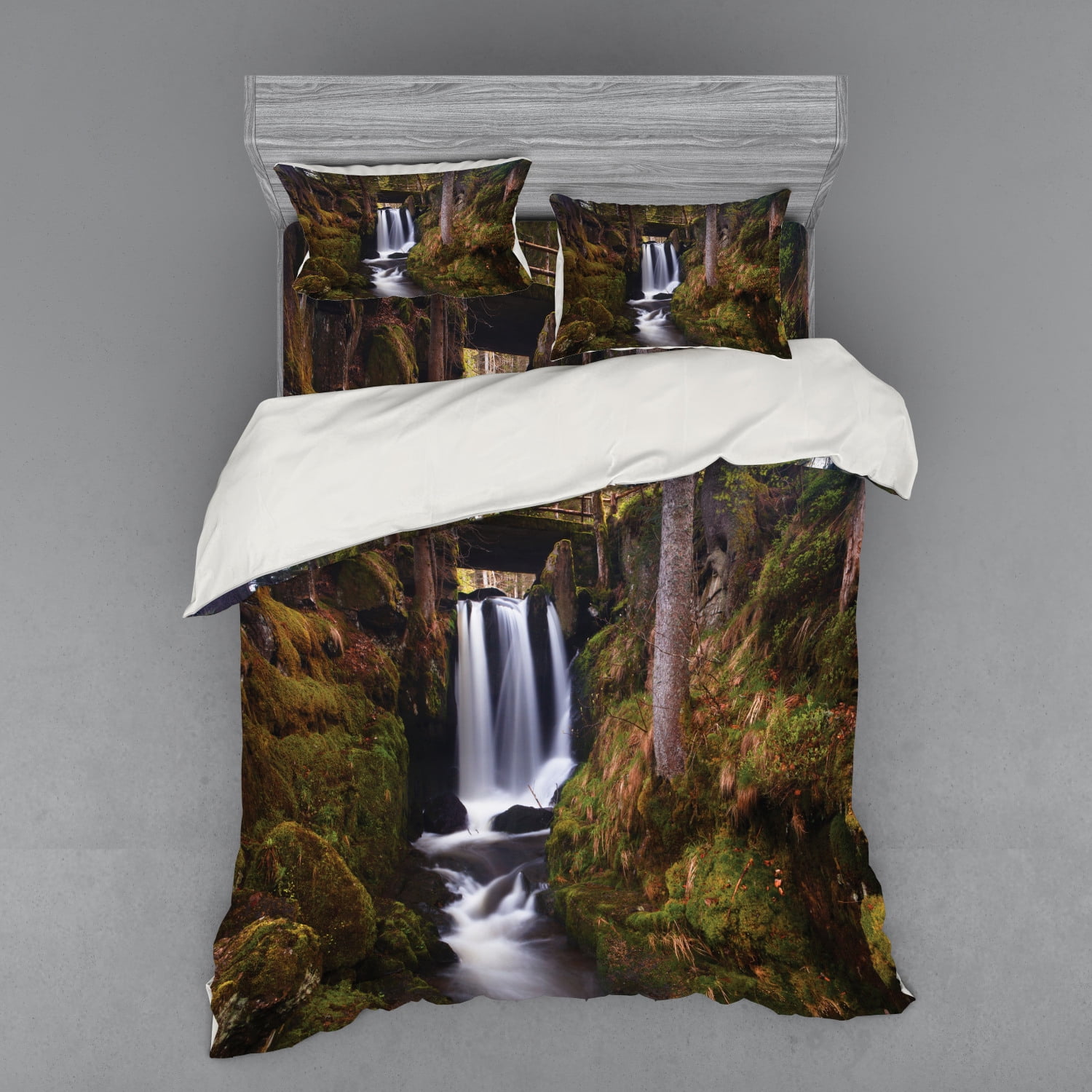 Queen Size Green and Brown Waterfall Forest Duvet Cover Set