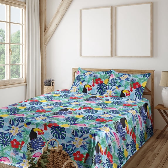 Ambesonne Exotic Birds Fitted & Flat Sheet with Shams 4 Pcs Set, Toucan Flamingo Floral, King, Sky Blue Multicolor