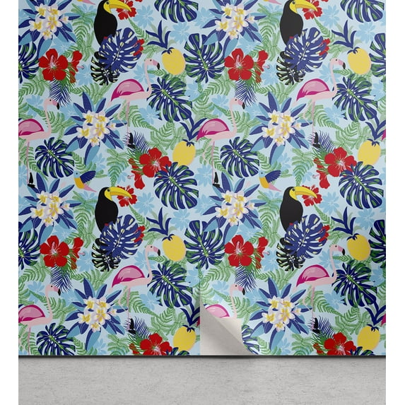 Ambesonne Exotic Birds Peel & Stick Wallpaper for Home, Toucan Flamingo Floral, 13"x36", Sky Blue Multicolor