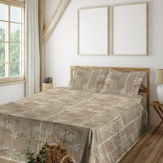Ambesonne Exotic Branches Fitted & Flat Sheet with Sham 3 Pcs Set, Simple Forest Leafy, Twin, Sea Green Dark Mustard