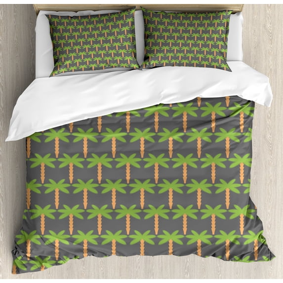 Ambesonne Exotic Duvet Cover Set, Hawaiian Jungle Palm Trees, 2-Calking, Grey Lime Green