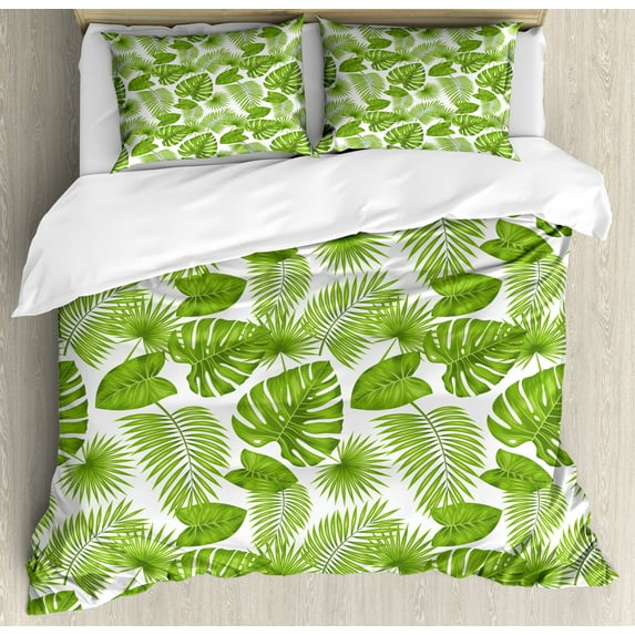Ambesonne Exotic Duvet Cover Set, Tropical Forest Leaves Art, 2-Calking, White and Fern Green