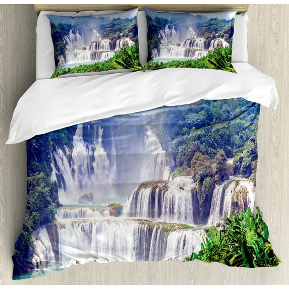 Ambesonne Exotic Duvet Cover Set, Waterfall Tropical Plant, Calking, Forest Green Pale Blue