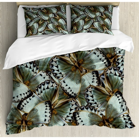 Ambesonne Exotic Duvet Cover Sets, Butterflies Jungle Queen, 2-King, Almond Green Black