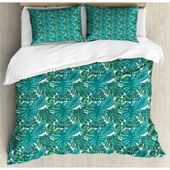 Ambesonne Exotic Duvet Cover Sets, Jungle Foliage Tropic Leaves, 2-Queen, Teal Dark Teal