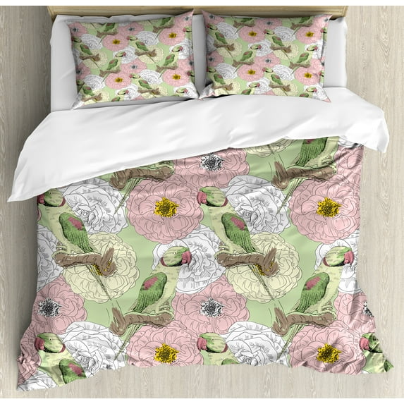 Ambesonne Exotic Duvet Cover Sets, Parrots and Tropical Flowers, 2-King, Pale Green and Multicolor