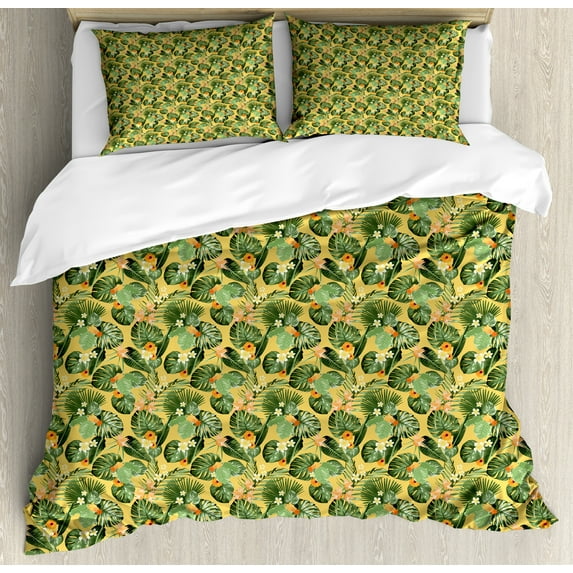 Ambesonne Exotic Duvet Cover Sets, Summer Flowers Bloom Pattern, 2-King, Pale Orange and Hunter Green