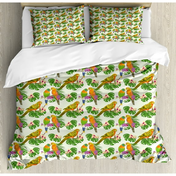 Ambesonne Exotic Duvet Cover Sets, Vivid Floral Parrots, 2-King, Ivory and Multicolor