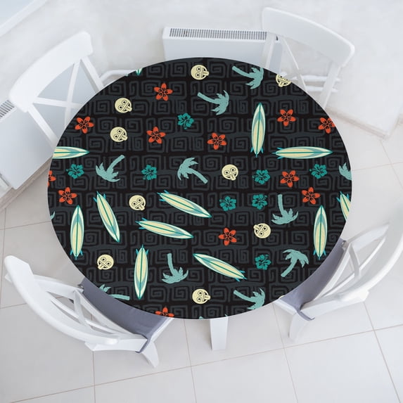 Ambesonne Exotic Emoji Fitted Round Tablecloth, Flowers Surfboards, 56"- 60" Diameter, Vermilion Dark Seafoam