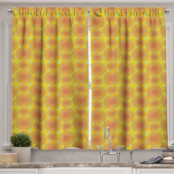 Ambesonne Exotic Ethnic Kitchen Curtains, Drops Mandala Leaves, 55"x30", Pale Orange Magenta and Green