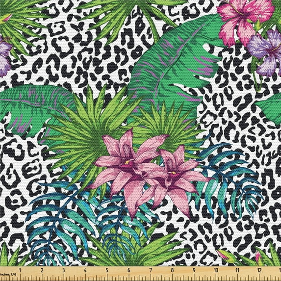 Ambesonne Exotic Fabric by the Yard, Exotic Jungle Leaves Leopard, 5 Yards, Fern Green and Multicolor
