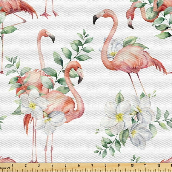 Ambesonne Exotic Fabric by the Yard Upholstery, Flamingo Pattern Leafy Art, 10 Yards, Pale Pink Reseda Green