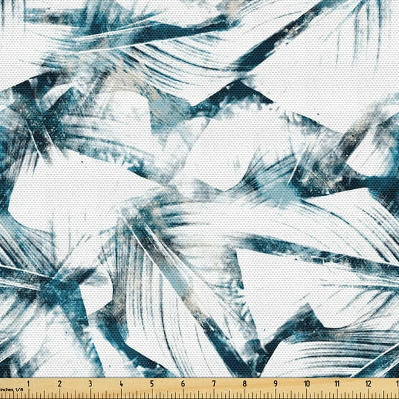 Ambesonne Exotic Fabric by the Yard Upholstery, Grungy Tropical Leaf Pattern, 1 Yard, Ivory and Slate Blue