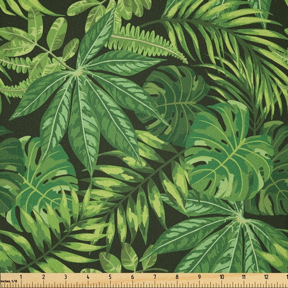 Ambesonne Exotic Fabric by the Yard Microfiber, Various Tropical Leaves Art, 3 Yards, Evergreen Multicolor