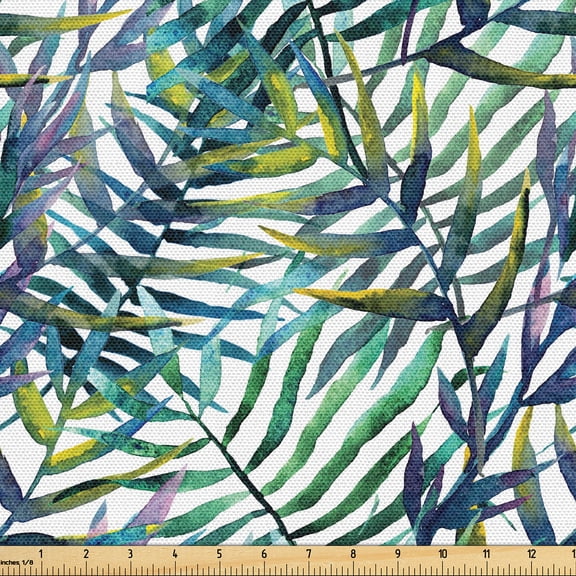 Ambesonne Exotic Fabric by the Yard Upholstery, Tropical Leaves Branches, 2 Yards, Teal Apple Green Plum