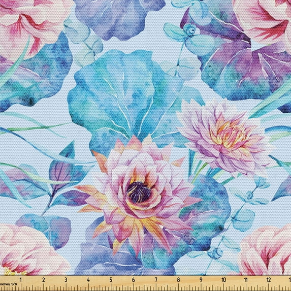 Ambesonne Exotic Fabric by the Yard, Tropical Leaves and Roses, 2 Yards, Soft Blue Pale Lilac and Pink