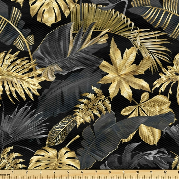 Ambesonne Exotic Fabric by the Yard Upholstery, Botanical Tropical Flowers, 3 Yards, Dark Grey Fawn and Mustard