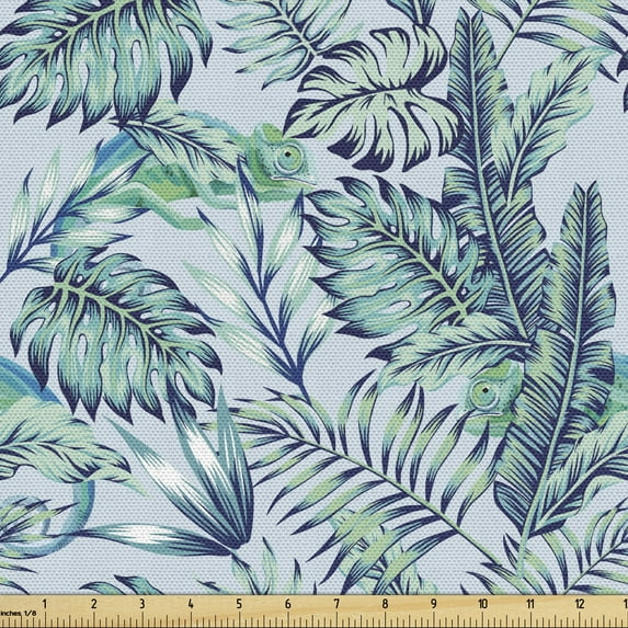 Ambesonne Exotic Fabric by the Yard Upholstery, Chameleon on Tropic Leaves, 3 Yards, Pale Blue Seafoam