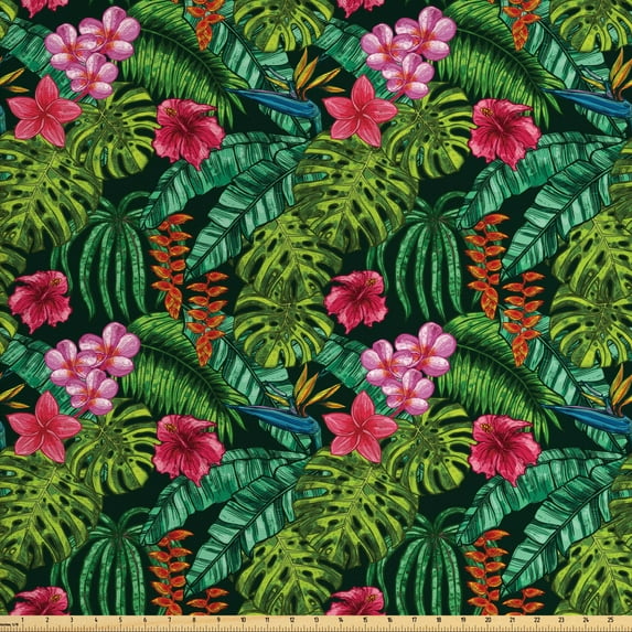 Ambesonne Exotic Fabric by the Yard Upholstery, Hibiscus Plumeria Monstera, 2 Yards, Multicolor