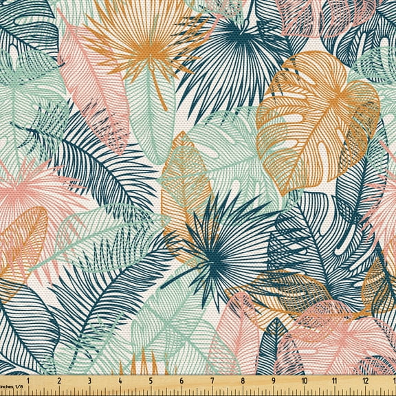 Ambesonne Exotic Fabric by the Yard Upholstery, Jungle Atmosphere Leafy Art, 1 Yard, Pale Pink and Amber
