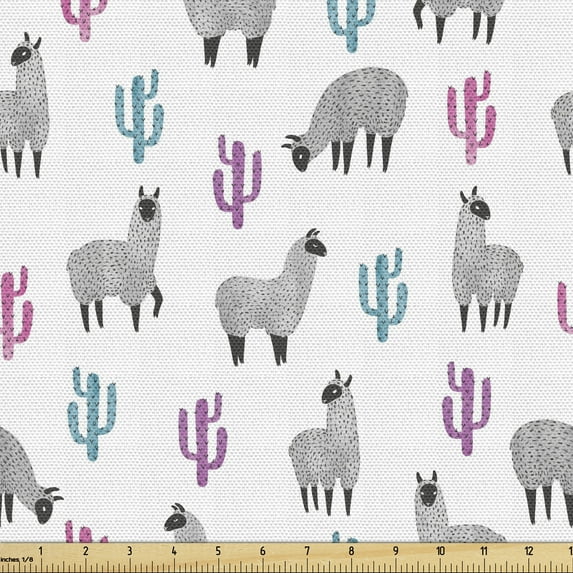 Ambesonne Exotic Fabric by the Yard Upholstery, Llamas and Colorful Cacti, 2 Yards, Multicolor