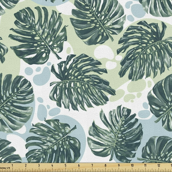 Ambesonne Exotic Fabric by the Yard Upholstery, Monsteras Modern Drawing, 10 Yards, Hunter Green and White